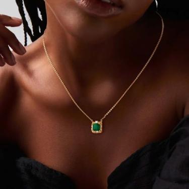 Imagem de Colar com pingente de ouro para mulheres, banhado a ouro 14 K, quadrado, zircônia cúbica, pingente de pavê, corrente feita à mão, joia para presente, Medium, Latão, Sem Pedra Preciosa