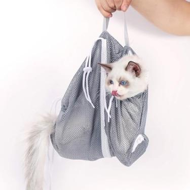 Imagem de Bolsa de banho para gatos – Rede de lavagem ajustável para gatos anti-mordida e anti-arranhões Bolsa de retenção de chuveiro de gato malha respirável para banho, aparar unhas e injeção