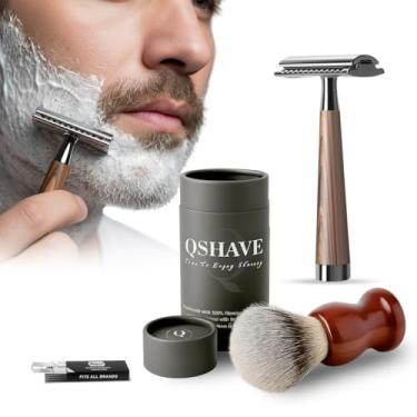 Imagem de Kit Barbeador Profissional, Navalha de Segurança com Cabo Texturizado, Pincel de Barbear com Pelo Natural Texugo, 5 Lâminas Super Platinum