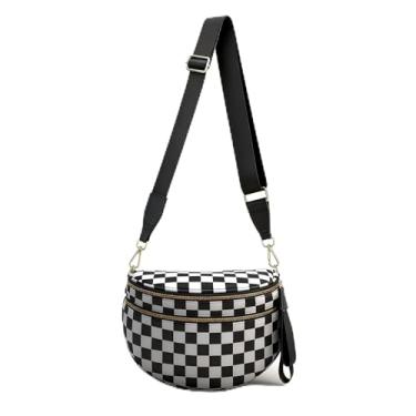 Imagem de Bolsas transversais pretas quadriculadas para mulheres, espaçosas, de nylon, Hobo, bolsa para uso diário, pochete moderna para viagens femininas (xadrez preto e branco)