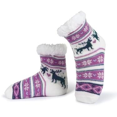 Imagem de Sooneeya Meias infantis antiderrapantes de Natal para meninas, meninos, forro grosso, aconchegante, macio, presentes internos, 1 par de renas roxas, 4-7 anos
