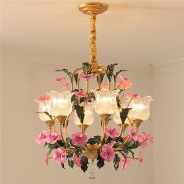 Imagem de Lustre Pastoral Francês com Flores Americanas - Luminária Pendente Decorativa LED para Sala de Estar, Restaurante, Quarto, Villa, Café, Loja de Roupas e Casa (C 6 Lâmpadas)