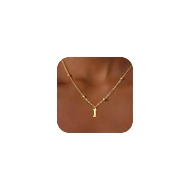 Imagem de Fimhut Colares com inicial para mulheres e meninas – Colar banhado a ouro 14K com letra inicial delicada, colar com pingente de A-Z, joias de ouro, presentes de aniversário para mulheres e meninas
