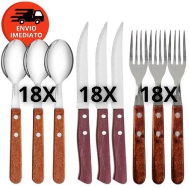 Imagem de Jogo Garfo Refeição Faca Mesa E Colher Sopa Talher Inox Cabo Madeira R