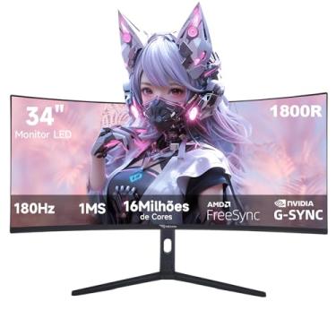 Imagem de monitor 34 Ultrawide Curvo QHD 3440x1440 180Hz - Tela 1800R,1ms GTG,100% sRGB,FreeSync e G-SYNC Compatível,Suporte em Alumínio Ajustável - Monitor Gamer Ideal para Entretenimento,Trabalho e Jogos