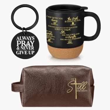 Imagem de Dansydaisy 3 peças, presentes cristãos de Natal para homens, copo de cerâmica de 382 g com tampa, bolsa de couro religiosa e chaveiro inspirador para presentes de aniversário da igreja do pastor