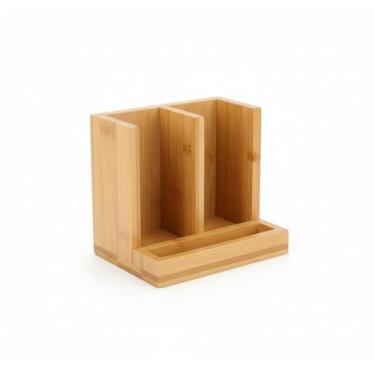 Imagem de Organizador de Utensílios em Bambu, Suporte para Guardanapos com 3 Compartimentos, Porta canetas para escritório