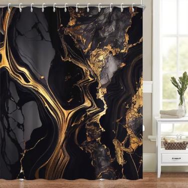 Imagem de Heevnttiy Cortina de chuveiro de mármore dourado preto 169 x 180 cm para banheiro, moderno, abstrato, luxuoso, decoração, arte, textura, aquarela, cortina de chuveiro, lavável, impermeável, tecido de