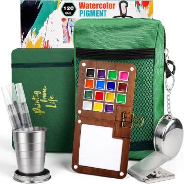 Imagem de Mini conjunto de viagem em aquarela - Kit de pintura de tinta aquática de bolso multifuncional para artistas com paleta, pincel, copo, diário e bolsa de transporte - paleta de tinta portátil de 12