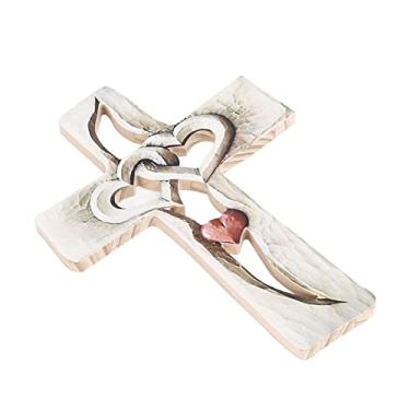 Imagem de Cruz de Madeira Esculpida à Mão, Amor Inseparável Hearts Entrelaçados Decoração de Arte fé Vintage para Sala de Estar, Estudo, Quarto, Escritório (Cruz de amor vermelho)