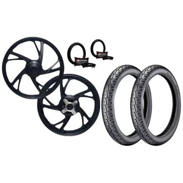 Imagem de Kit Par Roda Liga Leve Honda Pop 100 2015 Pop 110 Pé De Galinha Tambor + Pneu St300 60/100-17 + 80/100-14 + Câmara De Ar