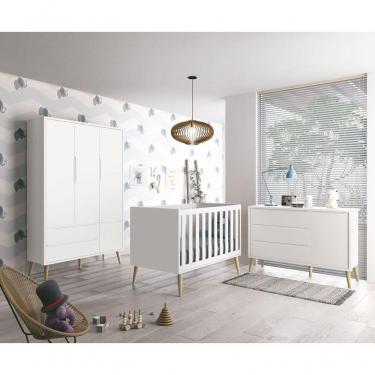 Imagem de Jogo De Quarto Para Bebê Completo 3 Portas Théo New Branco Fosco Com Natural - Reller