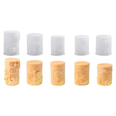 Imagem de Xidmold Conjunto de 5 moldes de vela de pilar de favo de mel de abelha, moldes de silicone cilíndricos de flor de favo de mel para velas de cera de abelha, vela de cera de soja, enfeite de gesso