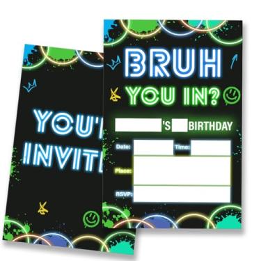 Imagem de VIYZZX Convites de festa de aniversário para meninos, adolescentes, adolescentes, adolescentes, convites de néon com envelopes, conjunto de 20, preencher em branco, dupla face