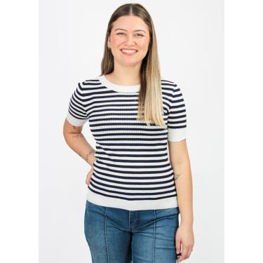 Imagem de Blusa Manga Curta Pau a Pique Modal Listrada Branco/Marinho