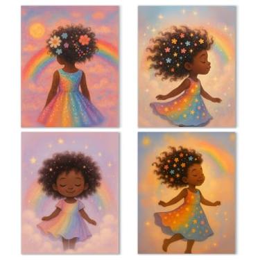 Imagem de Noaleviax Conjunto de pôster de princesa negra - decoração de parede com tema de princesa arco-íris peculiar, lindas imagens de meninas negras afro, arte de parede para berçário, quarto, dormitório