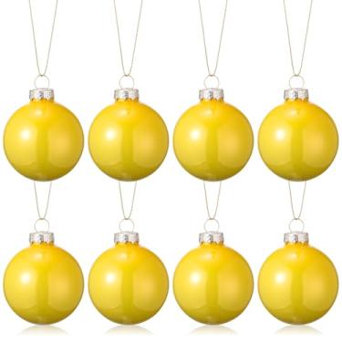 Imagem de 8 peças de enfeites de bola de Natal de vidro amarelo, 6 cm, decorações de árvore de Natal inquebráveis com laço para pendurar e corda, bola decorativa de Natal para decoração de guirlanda de