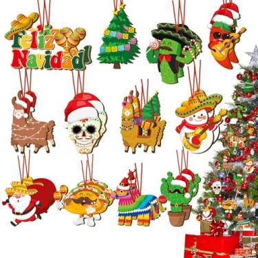 Imagem de 24 peças de enfeites de festa mexicana de Natal para árvore de Natal de maio enfeites de madeira pendurados em massa Feliz Navidad decoração de árvore mexicana pinata para pendurar sinais para o dia