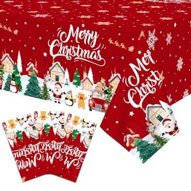 Imagem de Pedenty Toalha de mesa de plástico de Natal de 3 peças de 137 x 272 cm – Feliz Natal, design de floco de neve, Papai Noel e boneco de neve, capa de mesa retangular descartável para jantares de férias