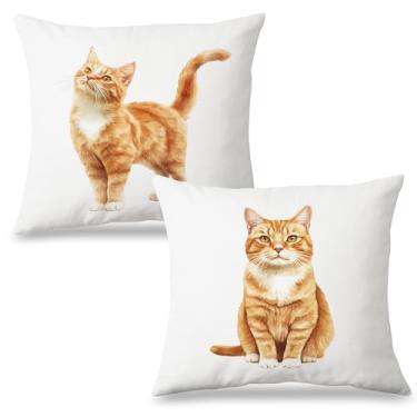 Imagem de Exqcom Conjunto de 2 capas de travesseiro de gato gengibre 45,7 x 45,7 cm, presentes de gato malhado laranja em aquarela para casa, quarto, sala de estar, sofá, sofá