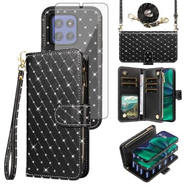 Imagem de Asuwish Capa de celular para Motorola Moto G Stylus 5G 2025 com zíper carteira magnética destacável com protetor de tela alça transversal alça de glitter para cartão slots G5 mulheres meninas preta
