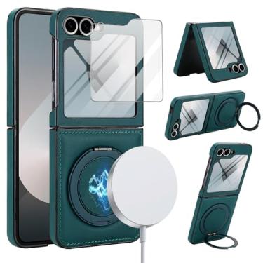 Imagem de XKchatpt Capa para Samsung Galaxy Z Flip 6, suporte giratório de 360° com protetor de tela, couro PU suporta carregamento sem fio, antichoque, capa antiqueda para Galaxy Z Flip 6 (verde)