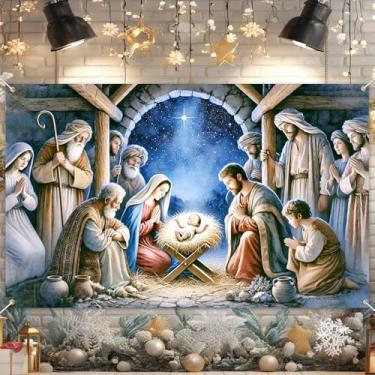 Imagem de HOMETITUTE Banner de presépio de Natal 188 x 109 cm, cenário de manjedoura da noite sagrada, fundo religioso de nascimento de Jesus, decoração de estrela de Belém, para igreja, ambientes internos
