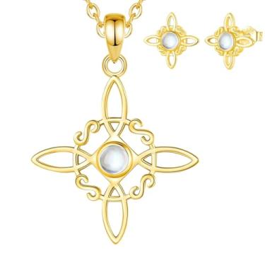 Imagem de MEATTRIMEIT Colar e brincos de prata esterlina 925 com nó de bruxa banhado a ouro 18K, pedra da lua, nó celta - colar de corrente elegante, ótimo presente para aniversário ou Natal