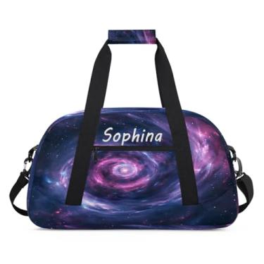 Imagem de Bolsa esportiva personalizada, galáxia, nebulosa, roxa, com nome, bolsa de dormir personalizada, bolsa de fim de semana, bolsa de treino para dança, balé, academia, ginástica, mala de viagem, presente