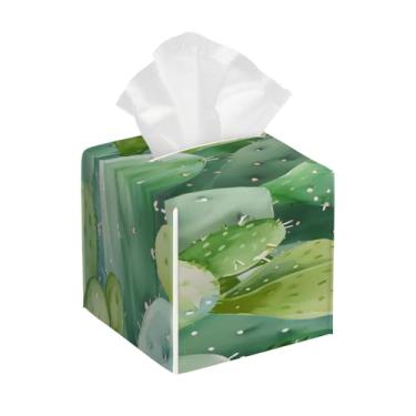 Imagem de Porta-lenços de couro quadrado à prova d'água cacto verde fofo organizador de papel facial com cinto inferior cubo estojo de lenços para mesa, banheiro, escritório, mesa, carro, decorativo