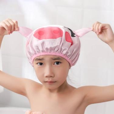 Imagem de Touca de banho infantil de camada dupla à prova d'água com estampa de animal fofo chapéu de cabelo elástico reutilizável para meninos meninas xampu banho