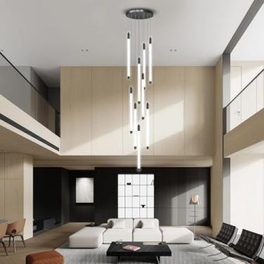 Imagem de Lustre decorativo chique em acrílico para escadas, com faixa linear longa e altura ajustável, LED, moderno, pendente para teto alto, luminária grande para casa de campo, ideal para sala de e