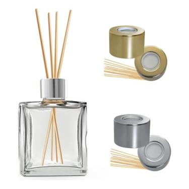 Imagem de Kit 6 Frascos de Vidro Quadrado 100ml para Difusor de Ambiente Aromatizador com Tampas Furadas e Varetas – Luxo e Decoração(Prata)