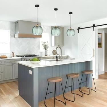 Imagem de Luminária de ilha de cozinha E27, estilo moderno, pendente com cúpula de vidro canelado verde, luz ajustável, luz noturna, ideal para sala de jantar, banheiro, sala de estar e quarto (1 lâmp