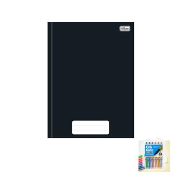 Imagem de Kit Caderno Brochura Capa Dura Pepper Preto 80 Folhas + Caneta Esferográfica Sortida + Marcador Artístico Brush Metallic