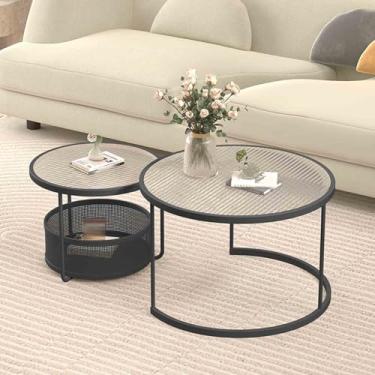 Imagem de Yadlan 2 peças Mesa de centro de vidro de segurança moderna, resistente ao calor e a arranhões, placa redonda grande, estrutura de ferro estável perfeita para sala de estar preta 2 60 cm 45 cm