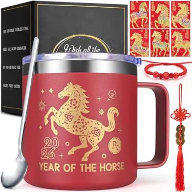 Imagem de Lifecapido Presentes de Ano Novo Lunar Chinês 2026, Ano do Cavalo 2026 Presentes para Amigos da Família, Caneca de 400 ml com Colher, Envelope Vermelho, Pulseira, Decoração de Moedas da Sorte