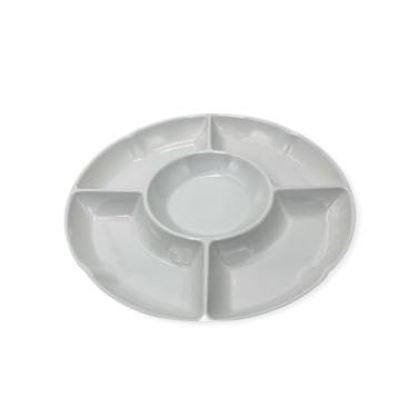 Imagem de Petisqueira Redonda 5 Divisórias, Plástico Melamina, Branco, 30cm Diâmetro, Kit com 2 Unidades, para Frios Queijo e Doces