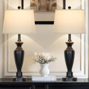 Imagem de Cinyirong Conjunto de 2 candeeiros de mesa de 76 cm de altura, candeeiro de cabeceira com controle de toque com portas USB A+C e tomada CA, luminária de cabeceira moderna de metal regulável de 3 vias