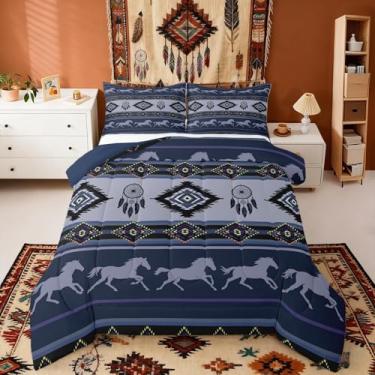 Imagem de Castle Fairy Jogo de cama boêmio asteca infantil, tamanho solteiro, tribal, indígena do sudoeste, reversível para decoração de quarto de adolescentes, geométrico étnico, cavalo marinho, edredom