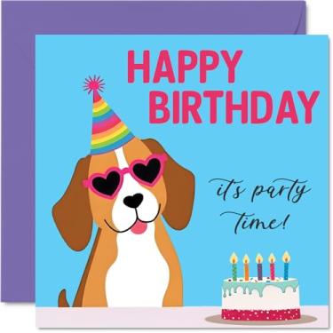 Imagem de Stuff4 Cartão de aniversário para homens e mulheres - festa canina - cartão de feliz aniversário para filho avó primo irmão, cartões comemorativos de aniversário de 14 cm