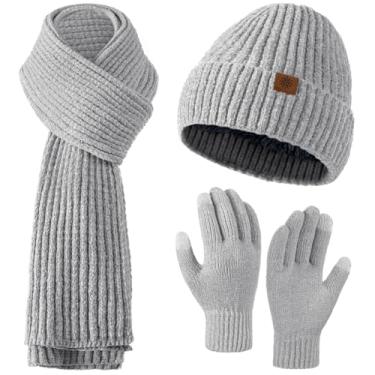 Imagem de Conjunto de luvas de gorro de inverno para mulheres, gorro de inverno forrado com lã despojado, gorro de caveira, cachecol longo de tricô, luvas de tela sensível ao toque para mulheres e homens