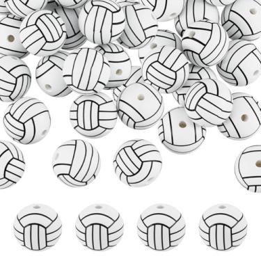 Imagem de OLYCRAFT 40 peças 15 mm voleibol focal silicone solto contas redondas impressas esporte bola esportes contas brancas contas de vôlei de silicone para pulseira, colar, chaveiro, artesanato, joias