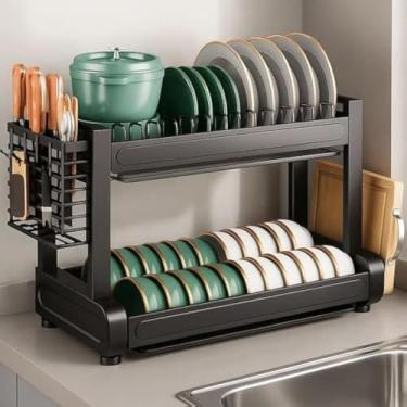 Imagem de Escorredor de louca elegante com dois andares, preto fosco, pratico, amplo e eficiente,completo