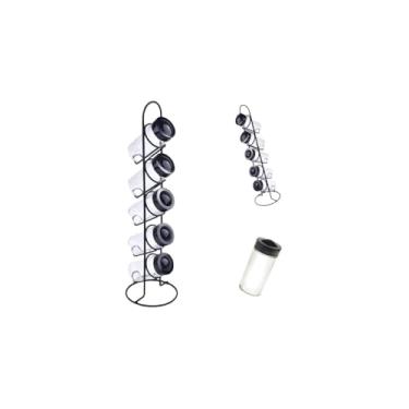 Imagem de Conjunto 5 Porta Condimentos com Suporte Vertical, Vidro e Ferro, Preto, Tampa Giratória, 40cm Altura, Organizador de Temperos