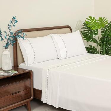 Imagem de Dreamology Jogo de lençol casal 100% algodão – Lençóis de algodão 300 fios, qualidade de hotel de luxo, lençóis macios e respiráveis, bolso profundo de 41 cm, 4 peças, inclui conjunto de lençol de