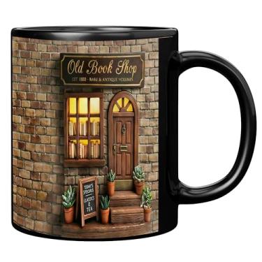 Imagem de ONRRI Caneca de cerâmica preta de 325 ml com design de livraria antiga, impressão dupla face, segura para micro-ondas, copo de café lavável na lava-louças para amantes de livros