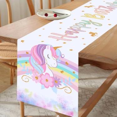 Imagem de Caminho de mesa de feliz aniversário, bandeira de mesa de festa de unicórnios coloridos, decoração retangular descartável de poliéster para jantar de cozinha, decoração de mesa de festa de casa