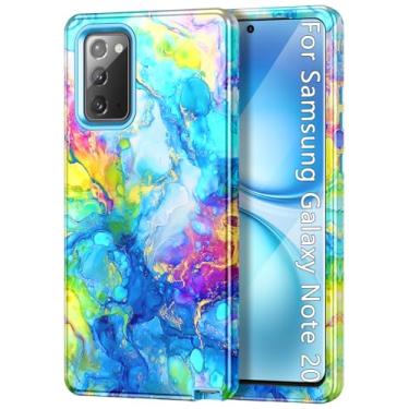 Imagem de Btscase Capa para Samsung Galaxy Note 20, padrão de mármore, 3 em 1, resistente, à prova de choque, de corpo inteiro, PC rígido + silicone macio para mulheres e meninas, para Galaxy Note 20, azul