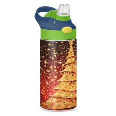 Imagem de YETTASBIN Garrafa de água de árvore de Natal para crianças, 340 g, à prova de vazamento, parede dupla, isolada, garrafa de água de aço inoxidável, copo de viagem com tampa de canudo para meninas